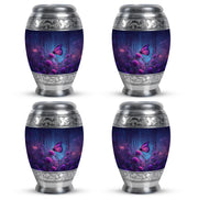 Icy Blue Butterfly Cremation Urn urn with complimentary velvet bag - ornate monarch-style butterfly relief on brushed aluminum - 10 inch aluminum urn for cremated remains