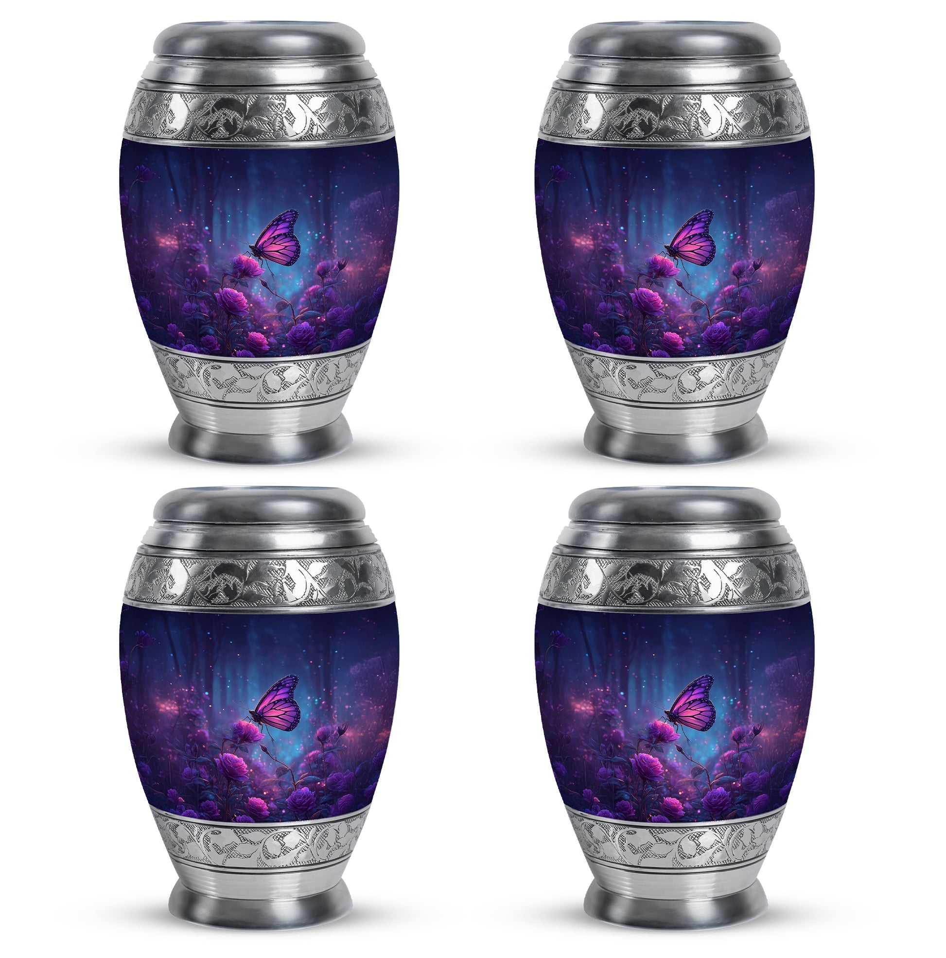 Icy Blue Butterfly Cremation Urn urn with complimentary velvet bag - ornate monarch-style butterfly relief on brushed aluminum - 10 inch aluminum urn for cremated remains