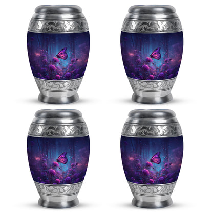 Icy Blue Butterfly Cremation Urn urn with complimentary velvet bag - ornate monarch-style butterfly relief on brushed aluminum - 10 inch aluminum urn for cremated remains