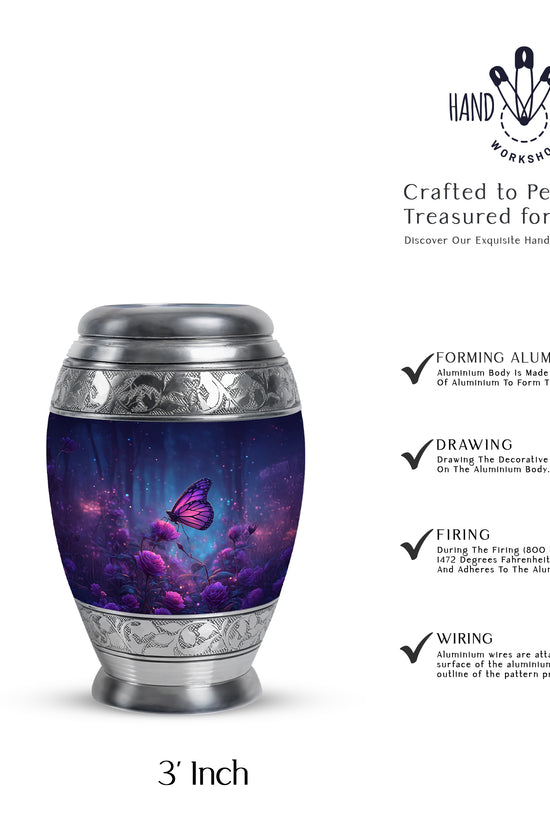 Icy Blue Butterfly Cremation Urn lifestyle display on memorial shelf - regal butterfly design with crown-inspired accents - mini keepsake memorial for portion of cremation ashes