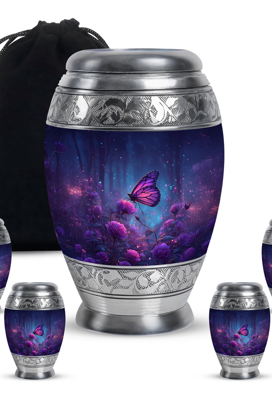 Dusty Blue Butterfly Cremation Urn detail view - regal butterfly design with crown-inspired accents - memorial set with one large and four small urns