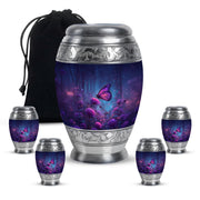 Dusty Blue Butterfly Cremation Urn detail view - regal butterfly design with crown-inspired accents - memorial set with one large and four small urns