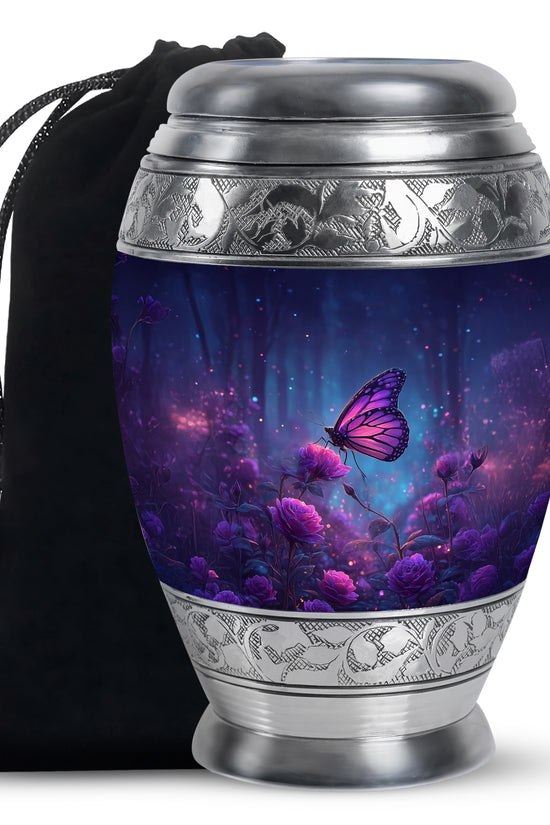 Sky Blue Butterfly Cremation Urn back view with polished surface - regal butterfly design with crown-inspired accents - full-size 10 inch 200 cubic inch adult cremation urn