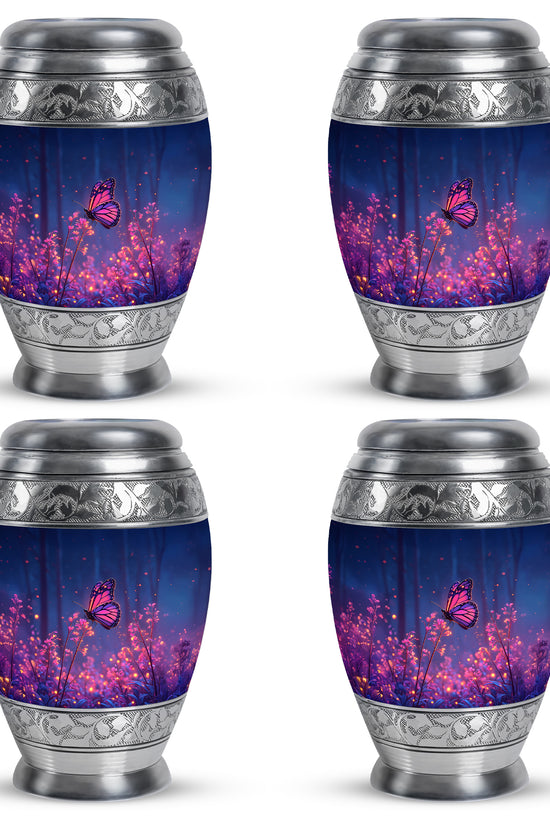 Cobalt Blue Butterfly Cremation Urn urn with complimentary velvet bag - majestic butterfly pattern with filigree border - 10 inch aluminum urn for cremated remains