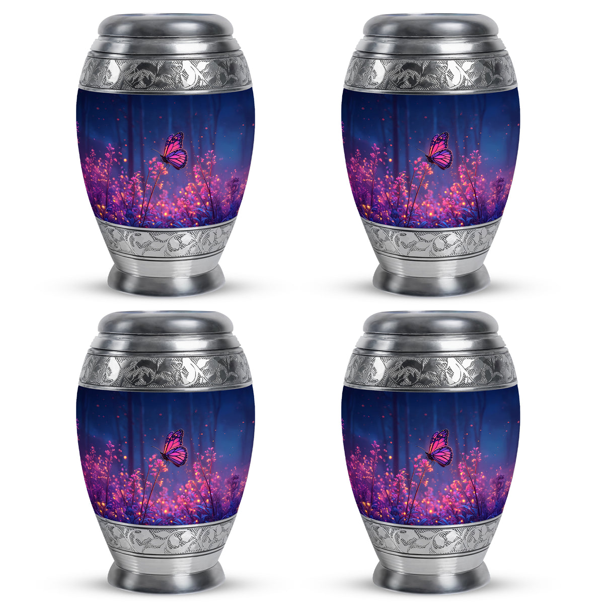 Cobalt Blue Butterfly Cremation Urn urn with complimentary velvet bag - majestic butterfly pattern with filigree border - 10 inch aluminum urn for cremated remains