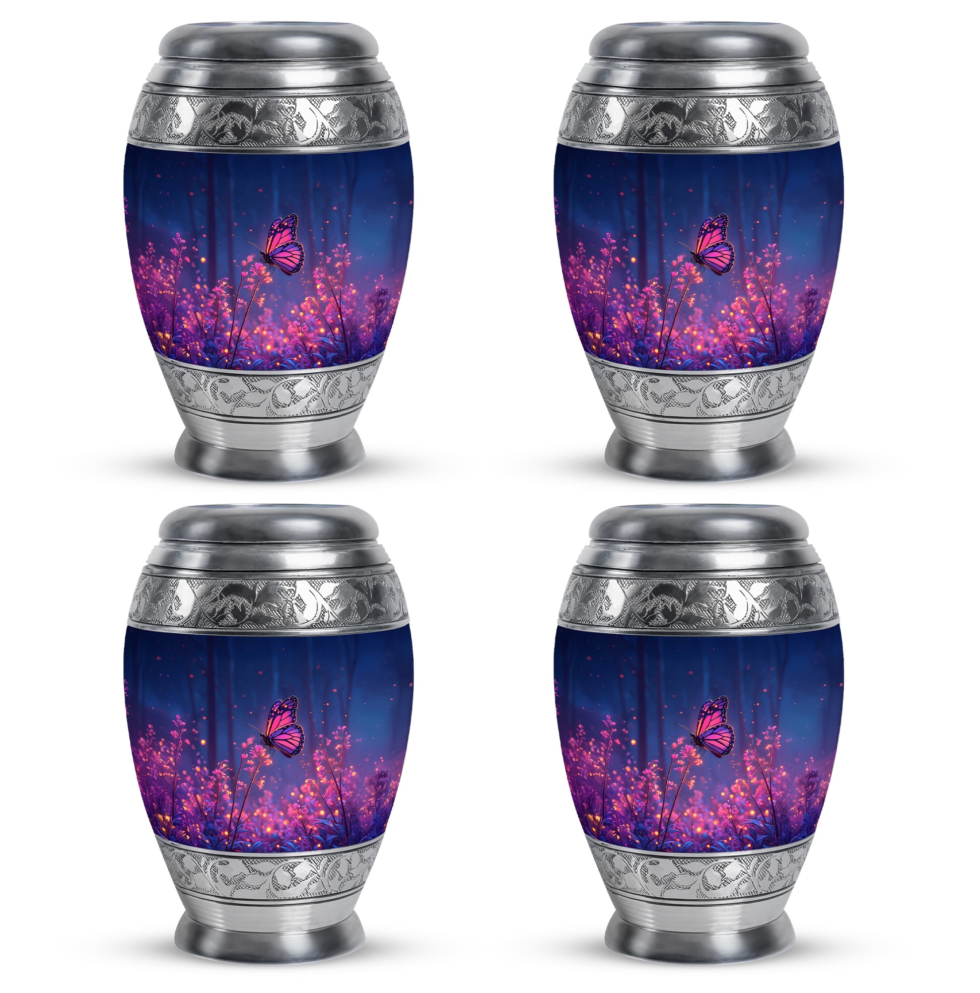 Cobalt Blue Butterfly Cremation Urn urn with complimentary velvet bag - majestic butterfly pattern with filigree border - 10 inch aluminum urn for cremated remains