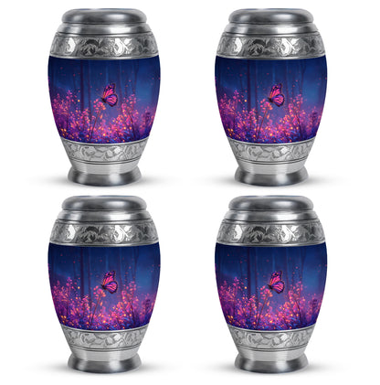 Cobalt Blue Butterfly Cremation Urn urn with complimentary velvet bag - majestic butterfly pattern with filigree border - 10 inch aluminum urn for cremated remains