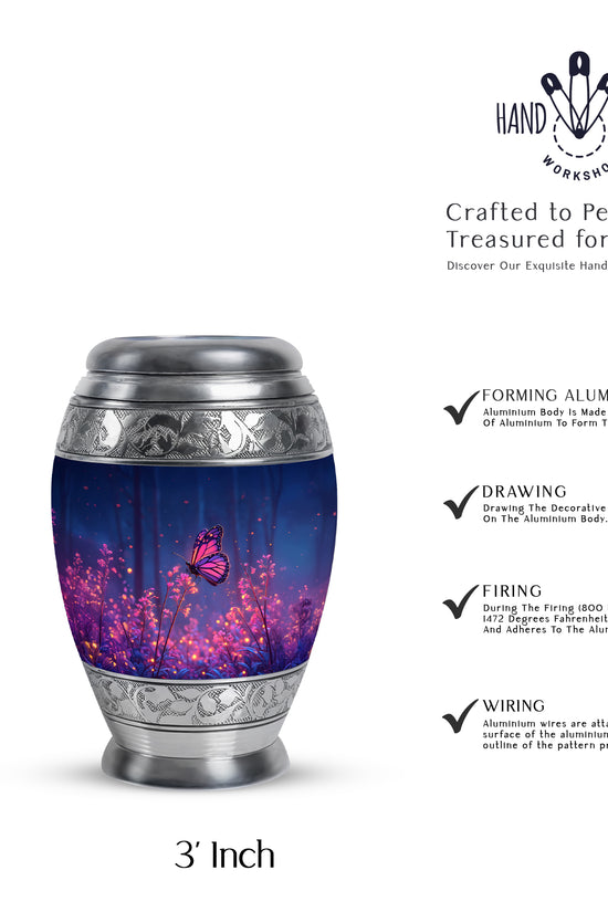 Cobalt Blue Butterfly Cremation Urn lifestyle display on memorial shelf - majestic butterfly pattern with filigree border - mini keepsake memorial for portion of cremation ashes