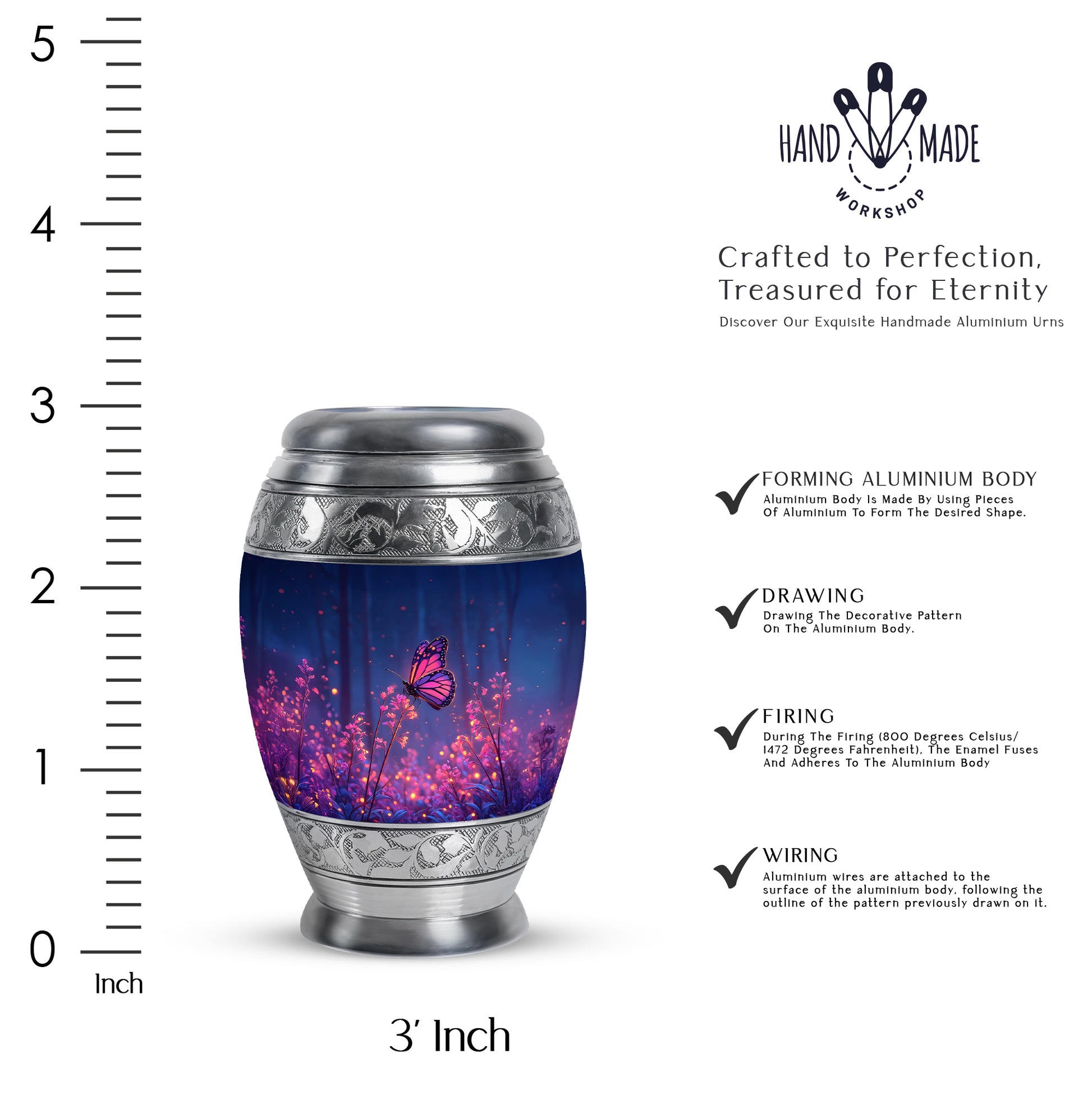 Cobalt Blue Butterfly Cremation Urn lifestyle display on memorial shelf - majestic butterfly pattern with filigree border - mini keepsake memorial for portion of cremation ashes