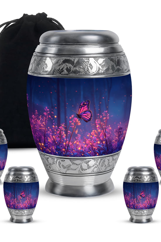 Azure Butterfly Cremation Urn detail view - regal butterfly design with crown-inspired accents - memorial set with one large and four small urns