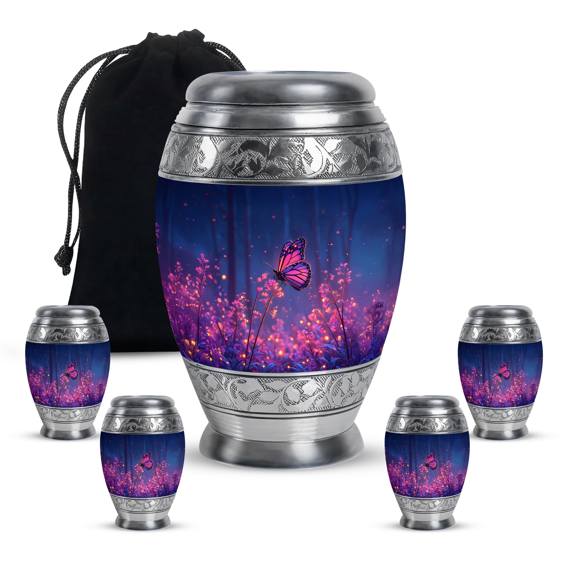 Azure Butterfly Cremation Urn detail view - regal butterfly design with crown-inspired accents - memorial set with one large and four small urns