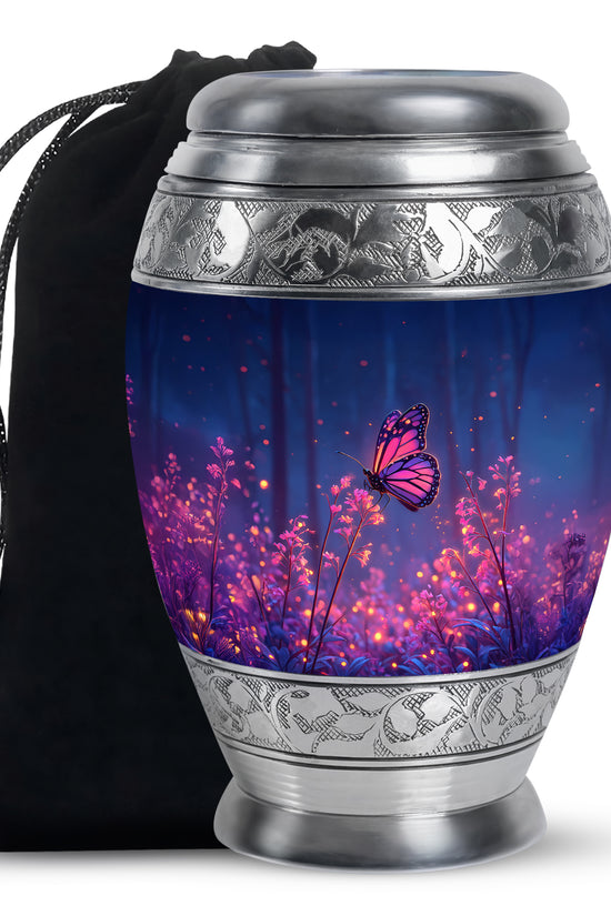 Steel Blue Butterfly Cremation Urn back view with polished surface - majestic butterfly pattern with filigree border - full-size 10 inch 200 cubic inch adult cremation urn