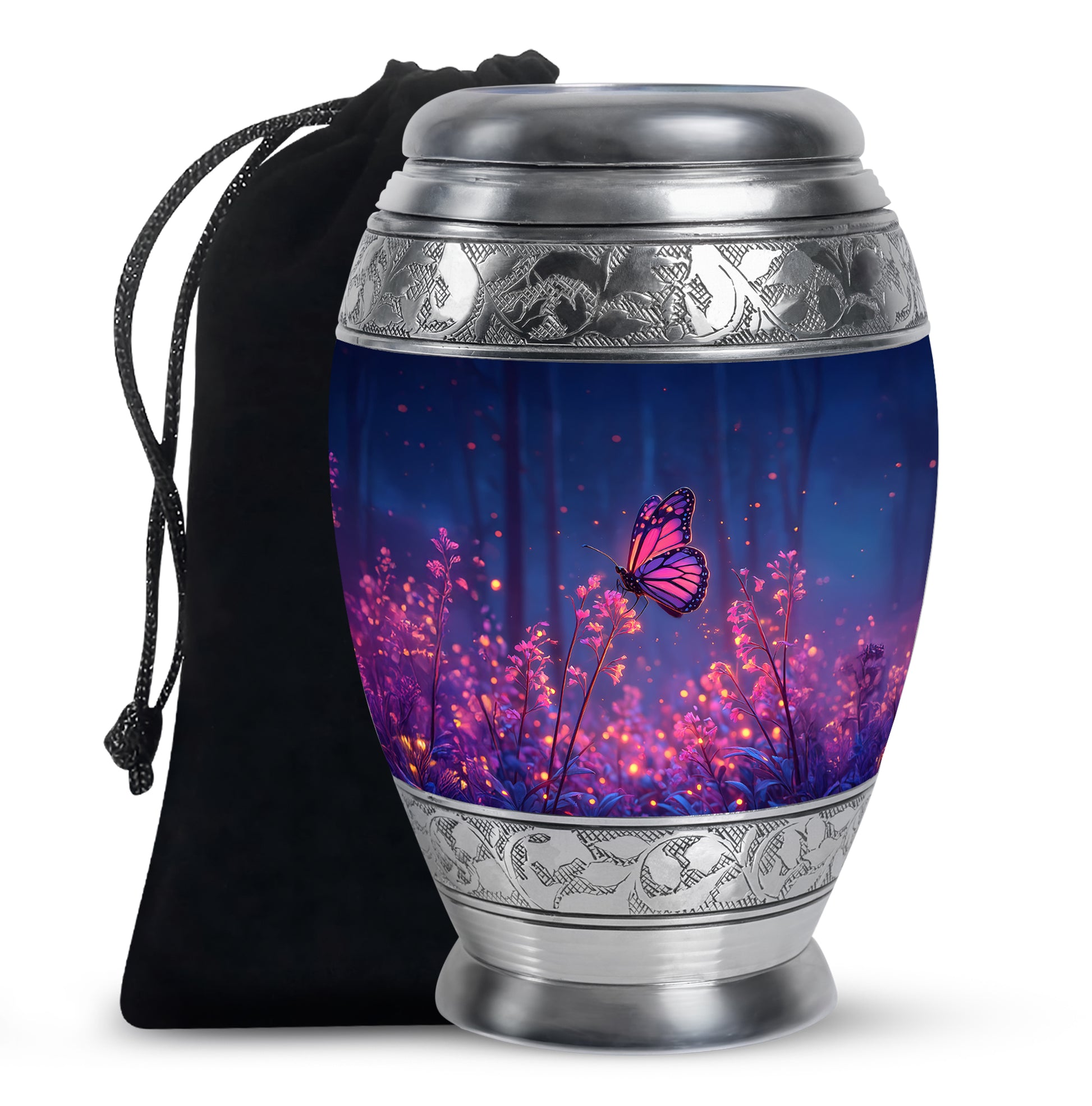 Steel Blue Butterfly Cremation Urn back view with polished surface - majestic butterfly pattern with filigree border - full-size 10 inch 200 cubic inch adult cremation urn