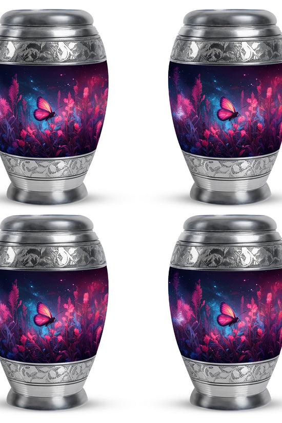 Steel Blue Butterfly Cremation Urn urn with complimentary velvet bag - royal butterfly engraving with decorative scrollwork - 10 inch aluminum urn for cremated remains