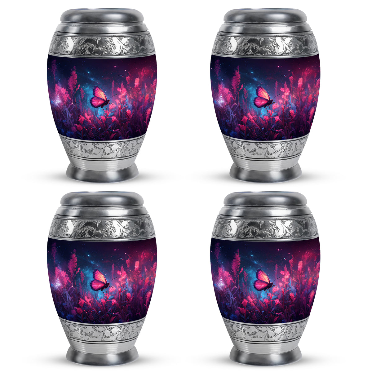 Steel Blue Butterfly Cremation Urn urn with complimentary velvet bag - royal butterfly engraving with decorative scrollwork - 10 inch aluminum urn for cremated remains
