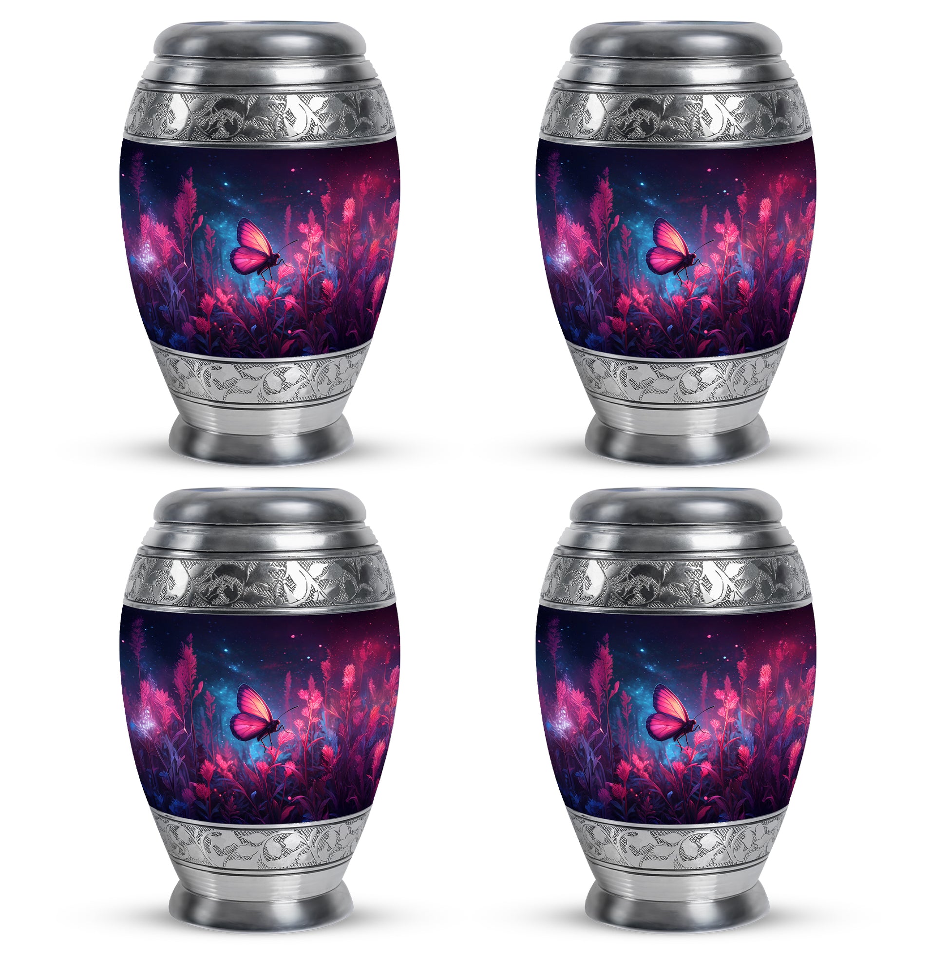 Steel Blue Butterfly Cremation Urn urn with complimentary velvet bag - royal butterfly engraving with decorative scrollwork - 10 inch aluminum urn for cremated remains