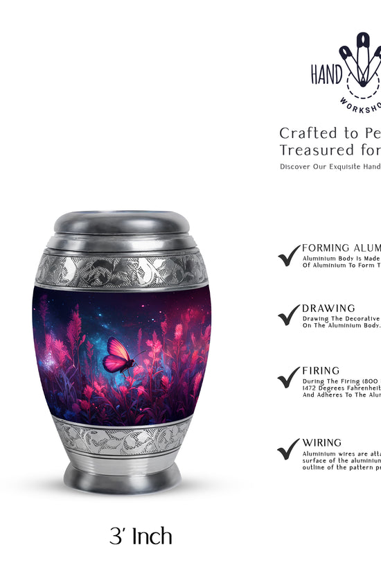 Royal Blue Butterfly Cremation Urn lifestyle display on memorial shelf - majestic butterfly pattern with filigree border - mini keepsake memorial for portion of cremation ashes