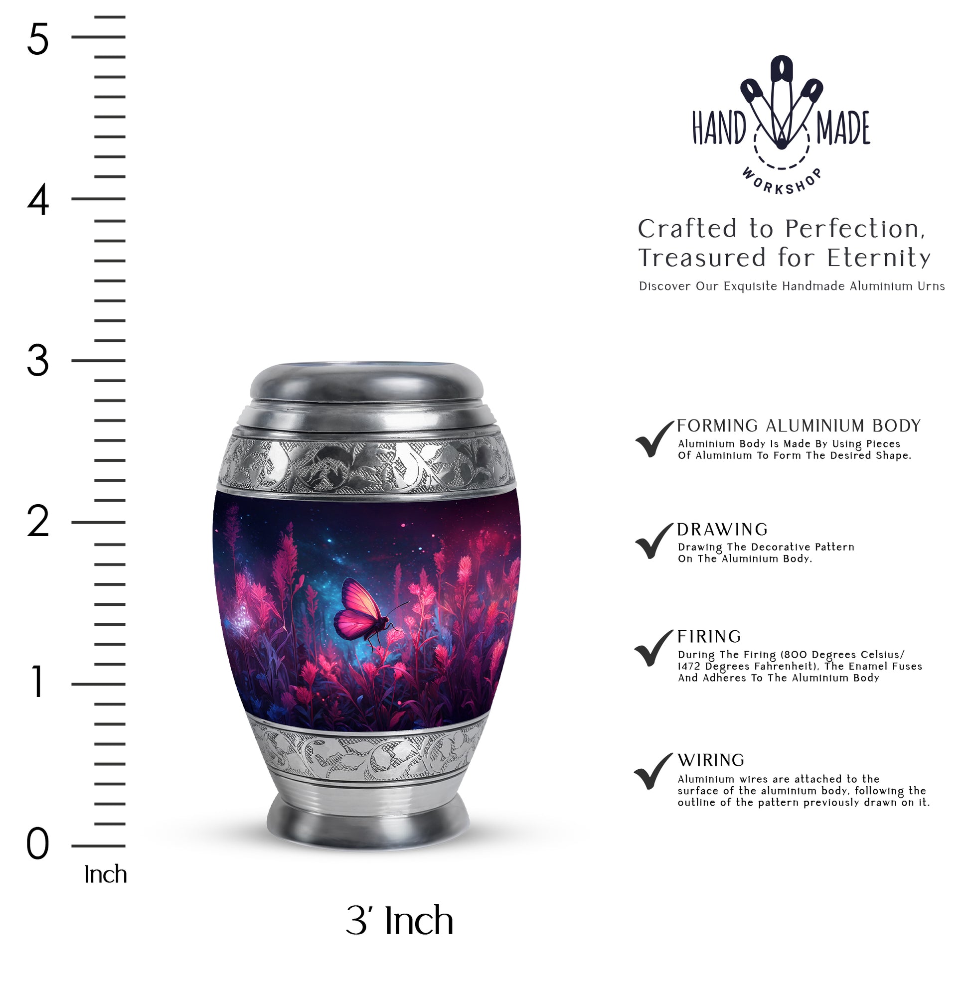 Royal Blue Butterfly Cremation Urn lifestyle display on memorial shelf - majestic butterfly pattern with filigree border - mini keepsake memorial for portion of cremation ashes