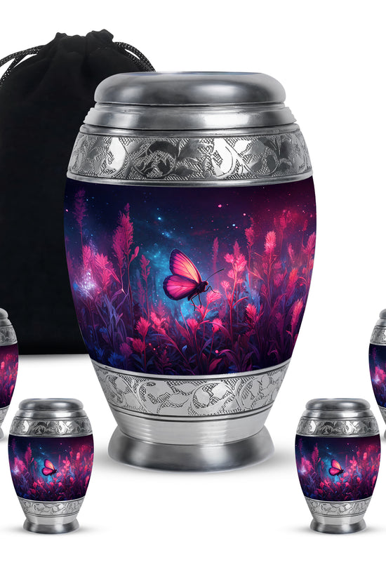 Slate Blue Butterfly Cremation Urn detail view - regal butterfly design with crown-inspired accents - memorial set with one large and four small urns