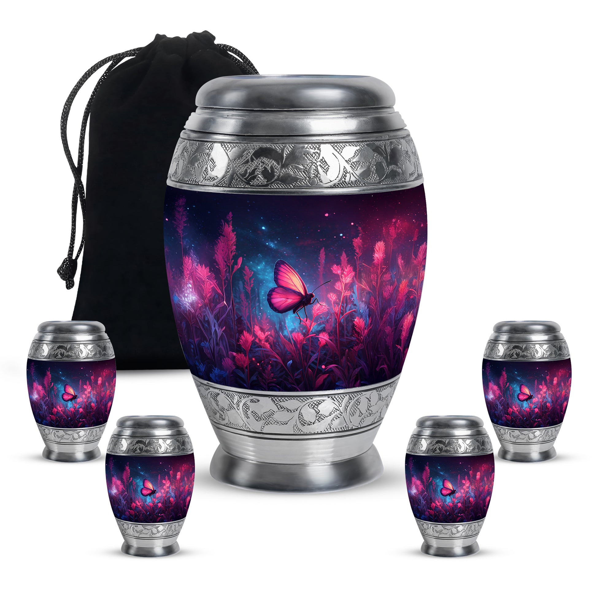 Slate Blue Butterfly Cremation Urn detail view - regal butterfly design with crown-inspired accents - memorial set with one large and four small urns