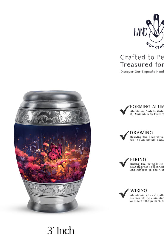 Navy Blue Butterfly Cremation Urn lifestyle display on memorial shelf - regal butterfly design with crown-inspired accents - mini keepsake memorial for portion of cremation ashes