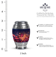 Navy Blue Butterfly Cremation Urn lifestyle display on memorial shelf - regal butterfly design with crown-inspired accents - mini keepsake memorial for portion of cremation ashes