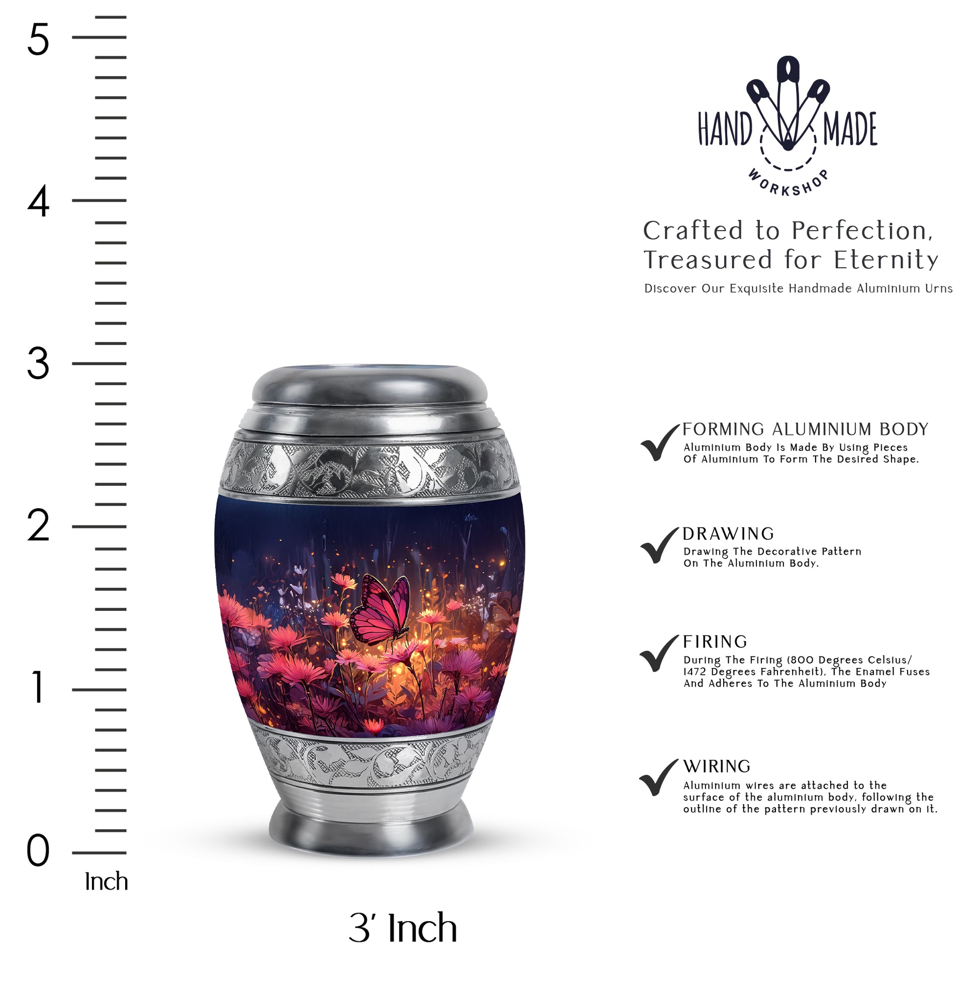 Navy Blue Butterfly Cremation Urn lifestyle display on memorial shelf - regal butterfly design with crown-inspired accents - mini keepsake memorial for portion of cremation ashes