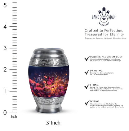 Navy Blue Butterfly Cremation Urn lifestyle display on memorial shelf - regal butterfly design with crown-inspired accents - mini keepsake memorial for portion of cremation ashes