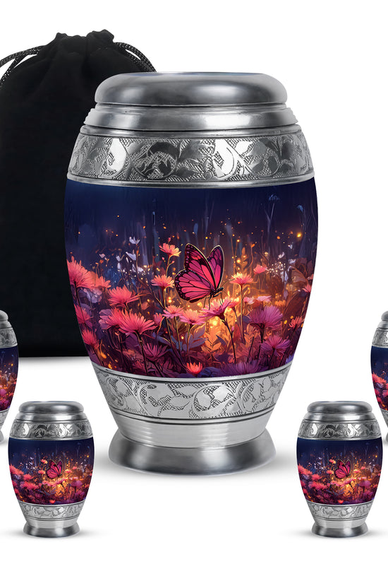 Pastel Blue Butterfly Cremation Urn detail view - ornate monarch-style butterfly relief on brushed aluminum - memorial set with one large and four small urns