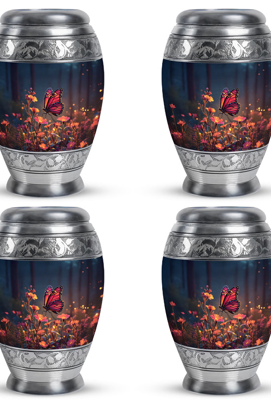 Royal Blue Butterfly Cremation Urn urn with complimentary velvet bag - majestic butterfly pattern with filigree border - 10 inch aluminum urn for cremated remains