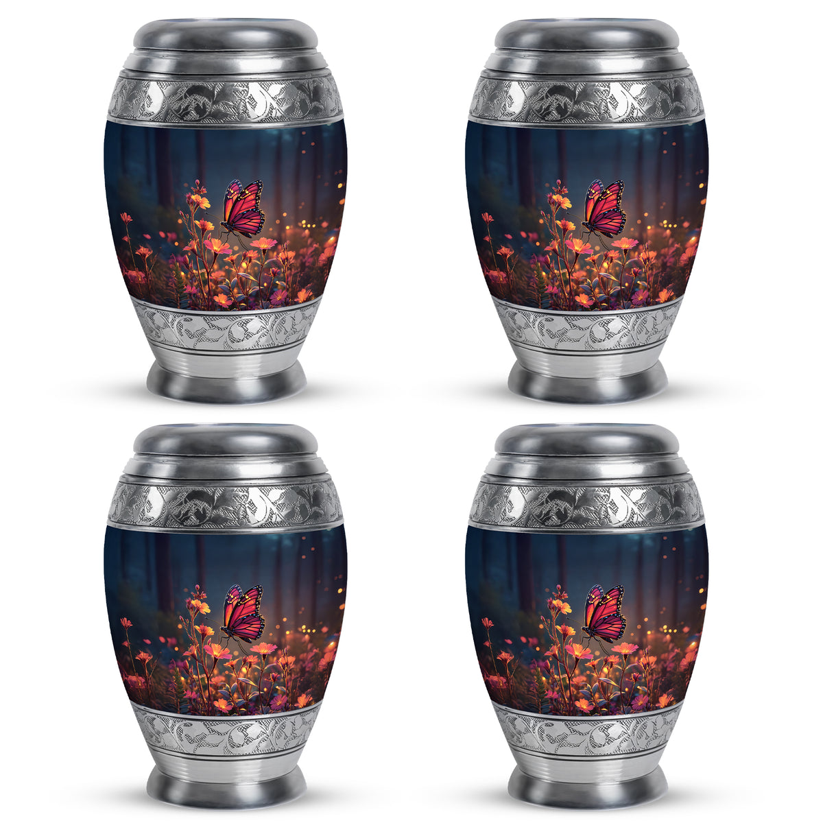 Royal Blue Butterfly Cremation Urn urn with complimentary velvet bag - majestic butterfly pattern with filigree border - 10 inch aluminum urn for cremated remains