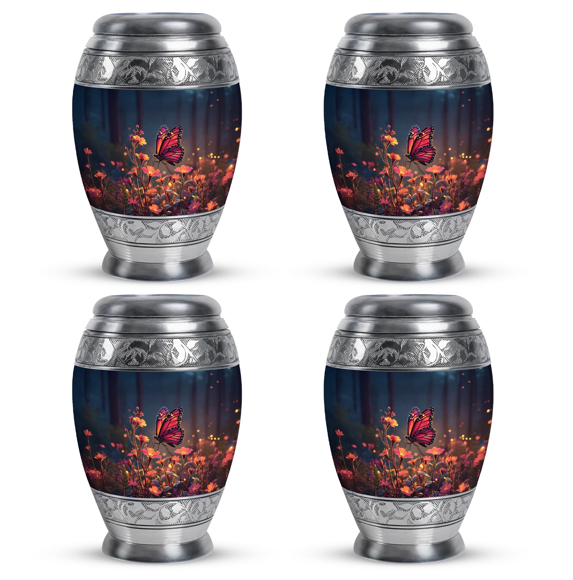 Royal Blue Butterfly Cremation Urn urn with complimentary velvet bag - majestic butterfly pattern with filigree border - 10 inch aluminum urn for cremated remains