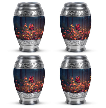 Royal Blue Butterfly Cremation Urn urn with complimentary velvet bag - majestic butterfly pattern with filigree border - 10 inch aluminum urn for cremated remains