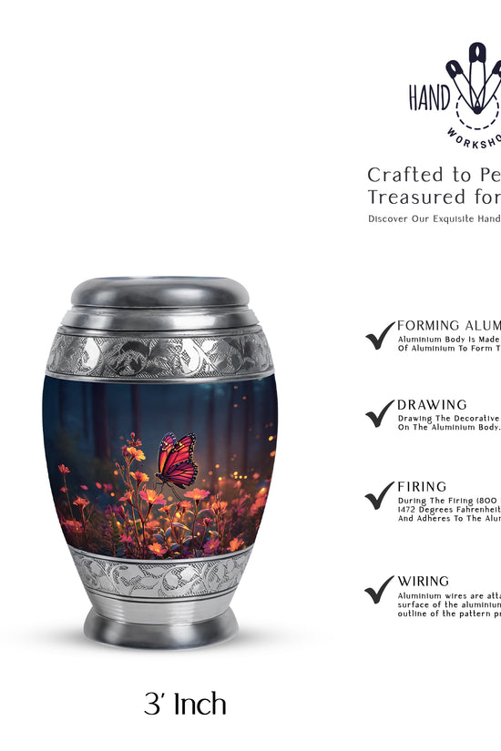 Twilight Blue Butterfly Cremation Urn lifestyle display on memorial shelf - royal butterfly engraving with decorative scrollwork - mini keepsake memorial for portion of cremation ashes