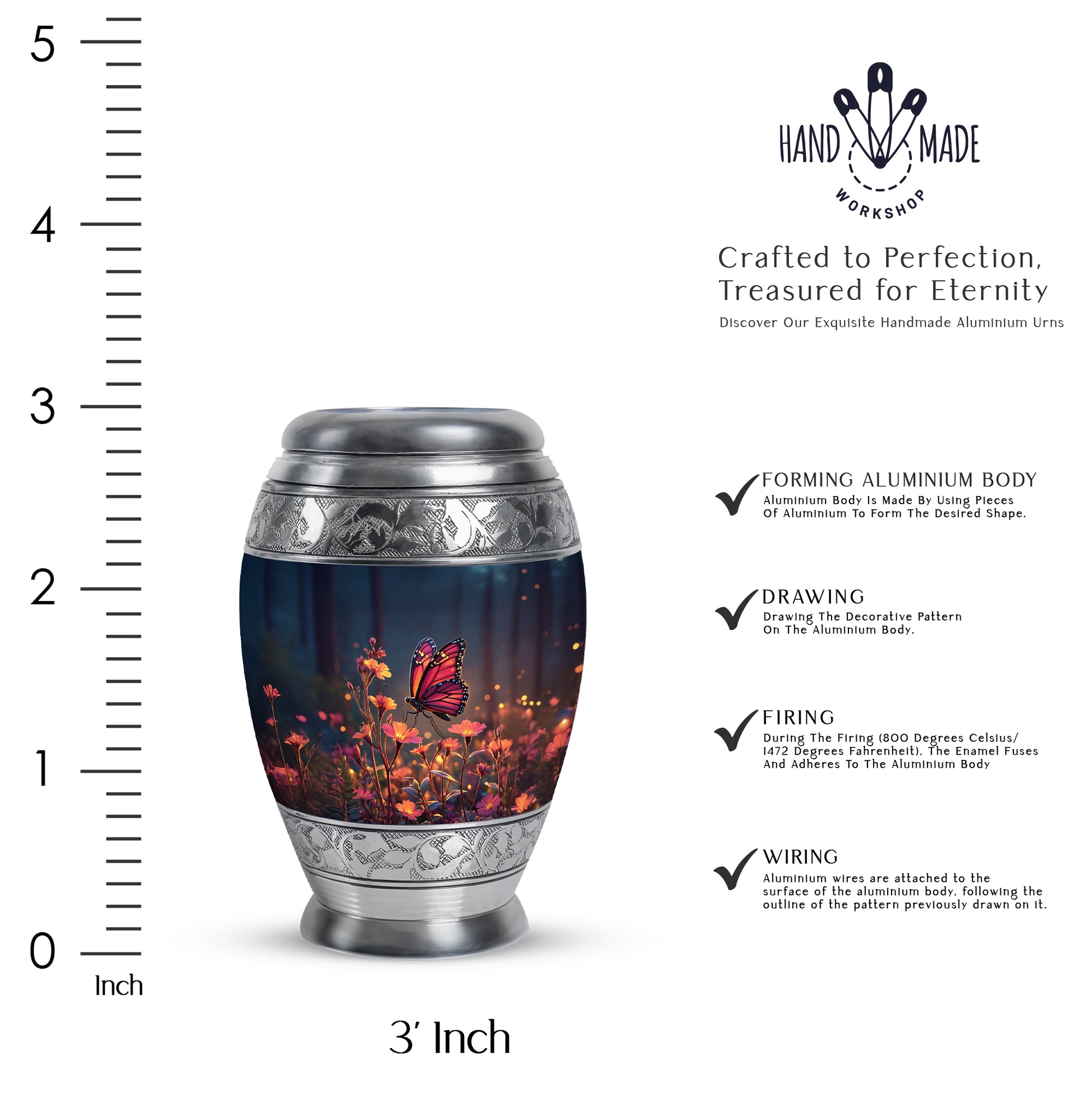 Twilight Blue Butterfly Cremation Urn lifestyle display on memorial shelf - royal butterfly engraving with decorative scrollwork - mini keepsake memorial for portion of cremation ashes