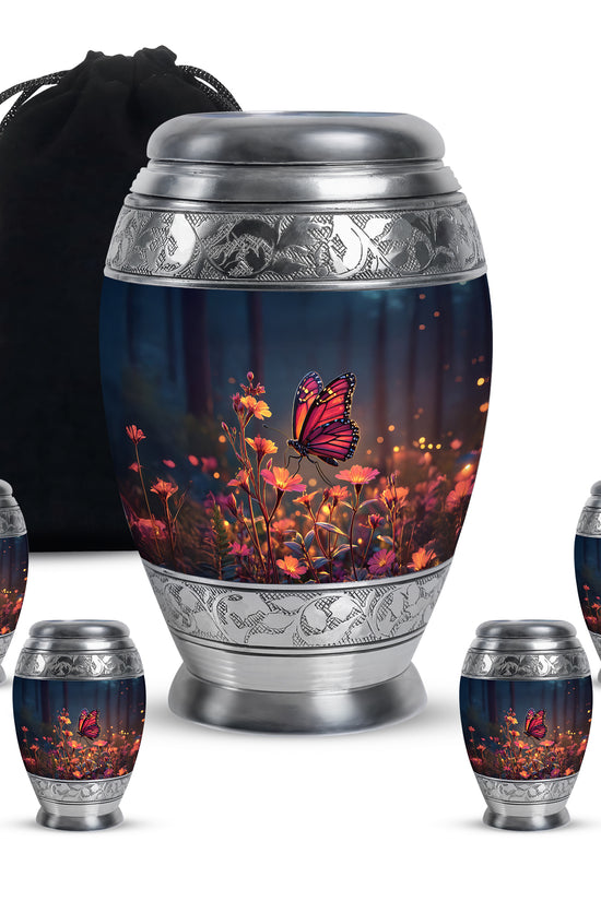 Cobalt Blue Butterfly Cremation Urn detail view - majestic butterfly pattern with filigree border - memorial set with one large and four small urns