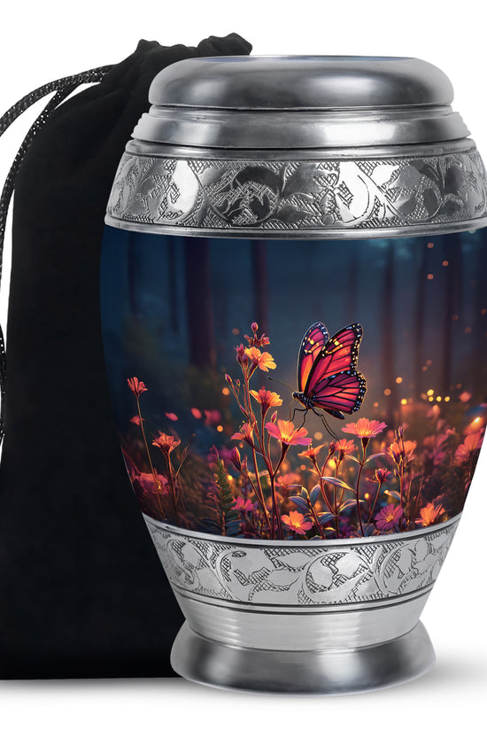 Twilight Blue Butterfly Cremation Urn back view with polished surface - royal butterfly engraving with decorative scrollwork - full-size 10 inch 200 cubic inch adult cremation urn