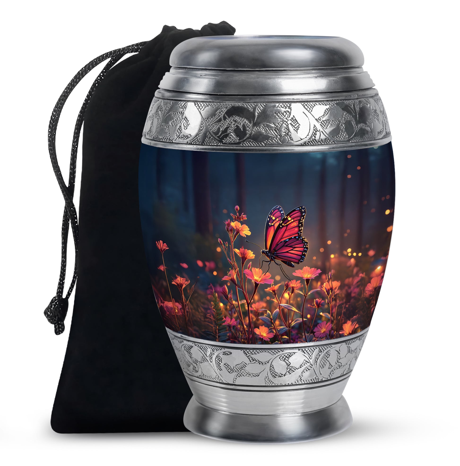 Twilight Blue Butterfly Cremation Urn back view with polished surface - royal butterfly engraving with decorative scrollwork - full-size 10 inch 200 cubic inch adult cremation urn