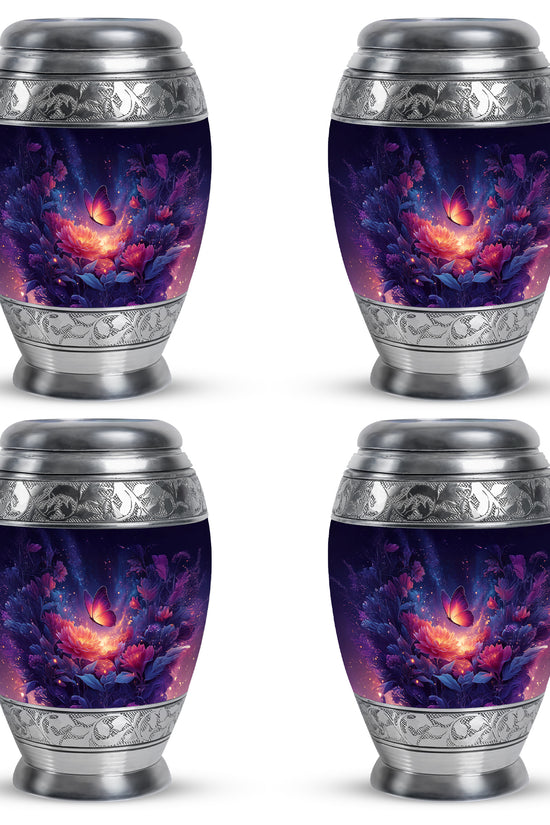Bright Blue Butterfly Cremation Urn urn with complimentary velvet bag - majestic butterfly pattern with filigree border - 10 inch aluminum urn for cremated remains
