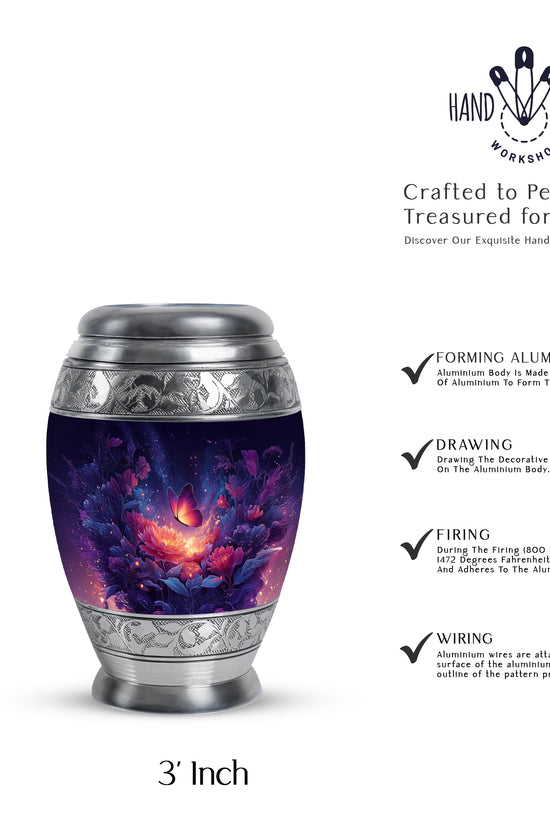 Sky Blue Butterfly Cremation Urn lifestyle display on memorial shelf - regal butterfly design with crown-inspired accents - mini keepsake memorial for portion of cremation ashes