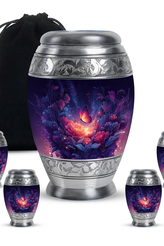 Indigo Butterfly Cremation Urn detail view - regal butterfly design with crown-inspired accents - memorial set with one large and four small urns