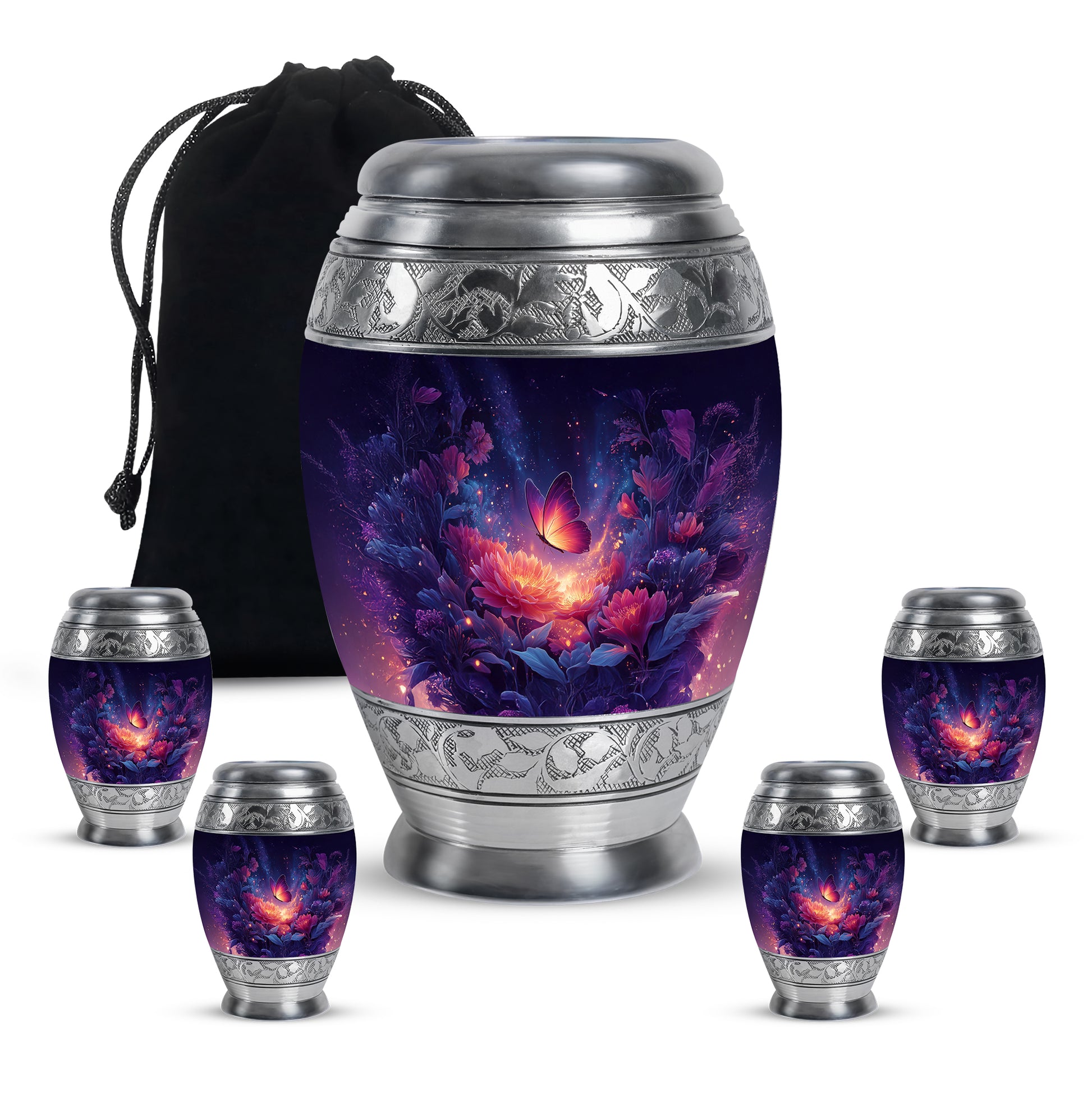 Indigo Butterfly Cremation Urn detail view - regal butterfly design with crown-inspired accents - memorial set with one large and four small urns