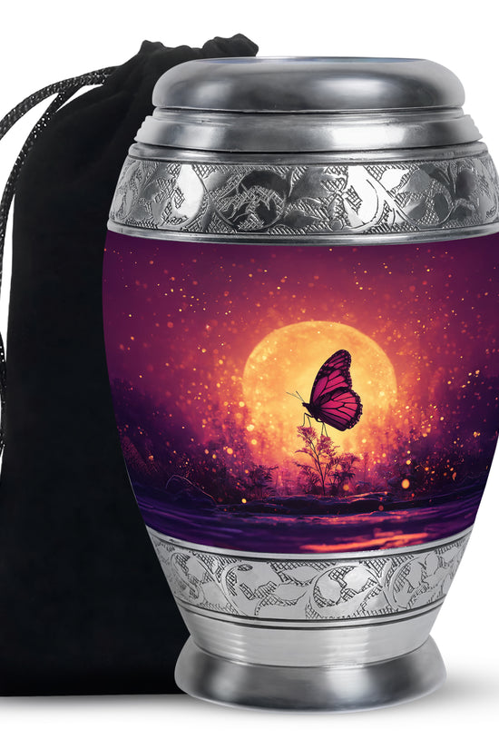 Rose Pink Butterfly Cremation Urn back view with polished surface - ornate monarch-style butterfly relief on brushed aluminum - full-size 10 inch 200 cubic inch adult cremation urn