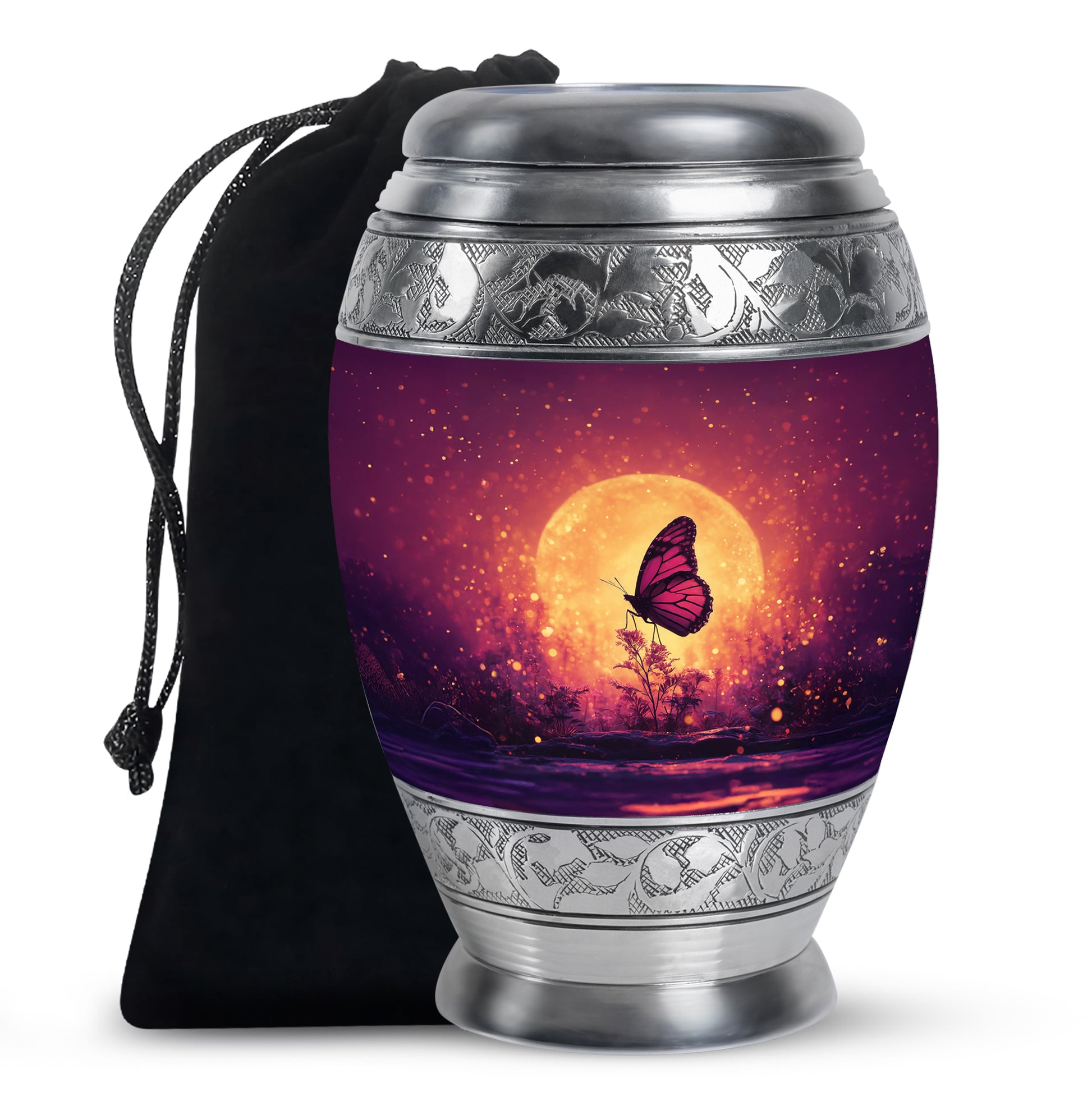 Rose Pink Butterfly Cremation Urn back view with polished surface - ornate monarch-style butterfly relief on brushed aluminum - full-size 10 inch 200 cubic inch adult cremation urn