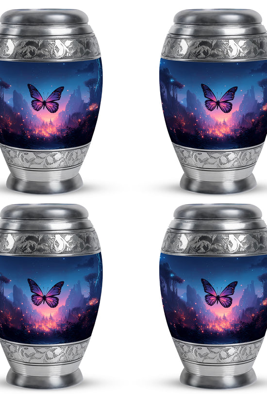 Pastel Blue Butterfly Cremation Urn urn with complimentary velvet bag - ornate monarch-style butterfly relief on brushed aluminum - 10 inch aluminum urn for cremated remains