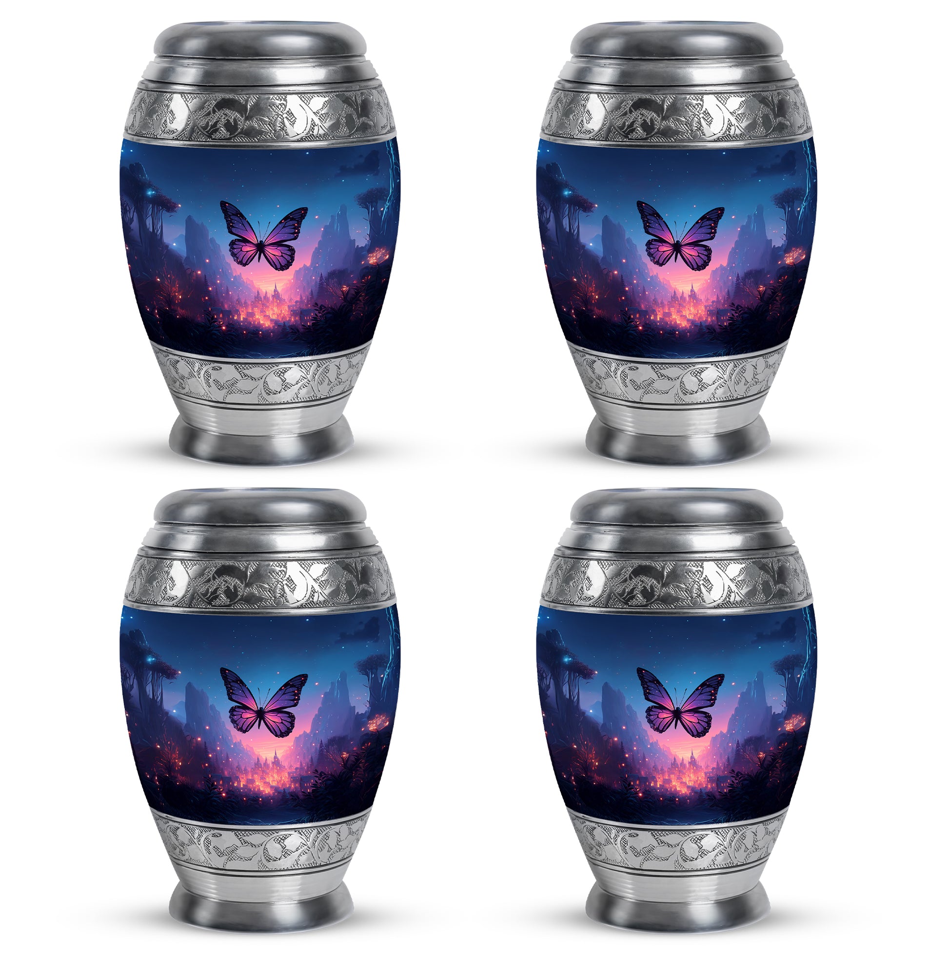 Pastel Blue Butterfly Cremation Urn urn with complimentary velvet bag - ornate monarch-style butterfly relief on brushed aluminum - 10 inch aluminum urn for cremated remains