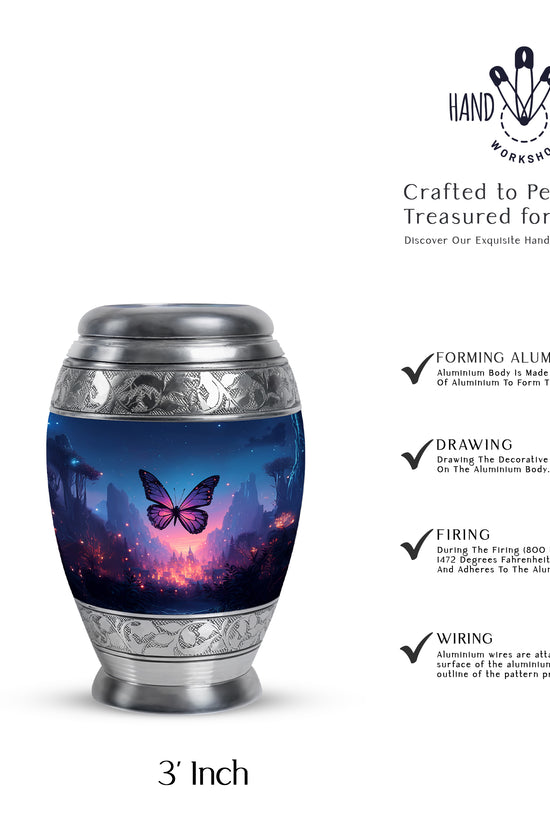 Icy Blue Butterfly Cremation Urn lifestyle display on memorial shelf - ornate monarch-style butterfly relief on brushed aluminum - mini keepsake memorial for portion of cremation ashes