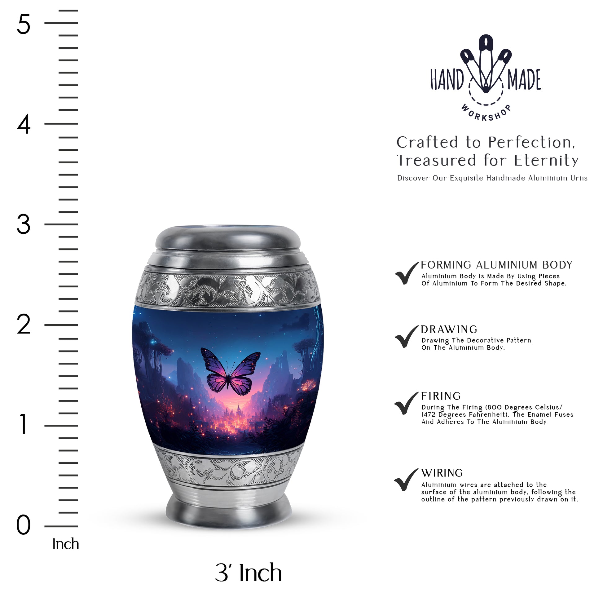 Icy Blue Butterfly Cremation Urn lifestyle display on memorial shelf - ornate monarch-style butterfly relief on brushed aluminum - mini keepsake memorial for portion of cremation ashes