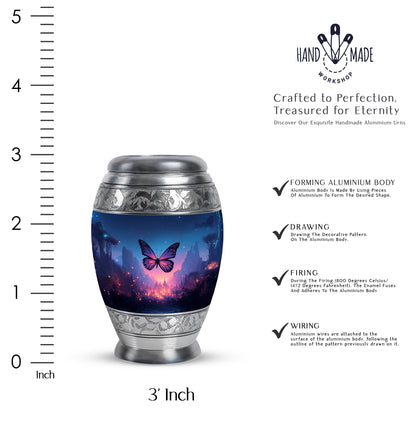 Icy Blue Butterfly Cremation Urn lifestyle display on memorial shelf - ornate monarch-style butterfly relief on brushed aluminum - mini keepsake memorial for portion of cremation ashes