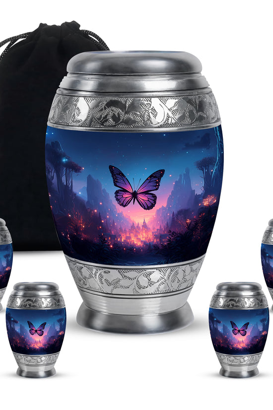 Sky Blue Butterfly Cremation Urn detail view - ornate monarch-style butterfly relief on brushed aluminum - memorial set with one large and four small urns